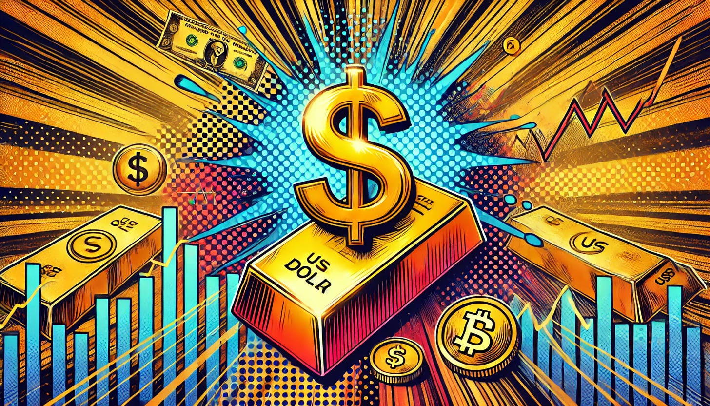 A dynamic and vibrant pop-art style illustration showing a visual contrast between gold and the US dollar. The gold is losing its shine, with duller hues, while the dollar symbol shines brightly in the foreground, represented with a modern, energetic twist. The background includes elements of financial graphs, dollar signs, and gold bars, emphasizing the financial market. The overall image conveys a sense of loss for gold and triumph for the dollar, with a dramatic, colorful flair typical of pop-art aesthetics.