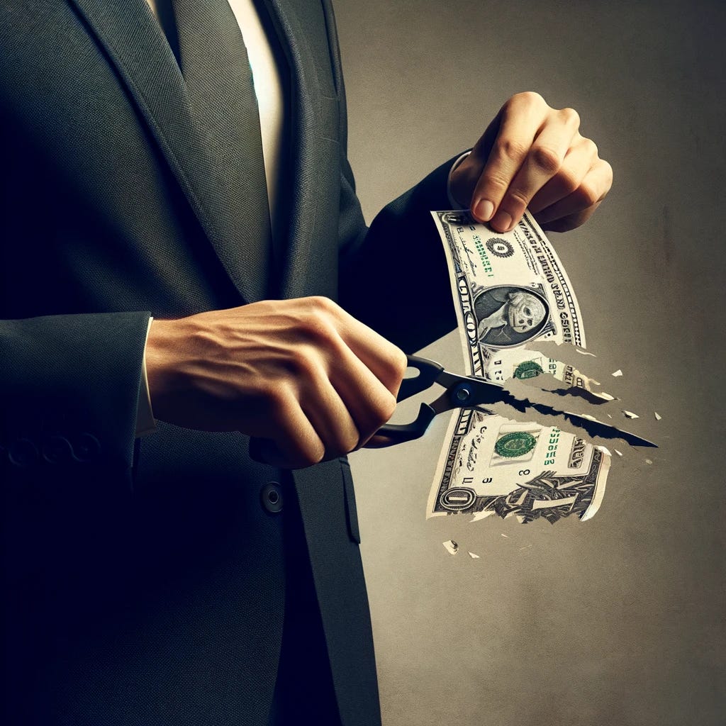 A realistic image of an executive tearing a dollar bill in half, symbolizing the shift from traditional financial systems to new economic paradigms. The executive is dressed in a suit, standing against a neutral background. The moment captured is dramatic, with the dollar bill clearly being ripped apart, emphasizing the concept of breaking away from conventional monetary values and the rise of new economic realities. The image should convey a sense of power, decision, and the beginning of change, suitable for the cover of an article discussing economic shifts, the end of hegemony, and the impact of digital currencies.