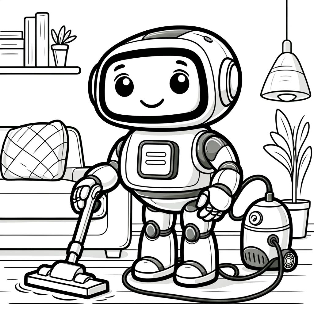 A simple black and white coloring page for children, featuring a friendly AI robot doing chores around the house. The robot is cartoonish, with a rounded body, big eyes, and a smiling face. It's shown vacuuming the floor, with a vacuum cleaner in one hand. The background includes elements of a house like a couch and a potted plant, drawn in an easy-to-color style with clear outlines and spacious areas suitable for coloring by young children.