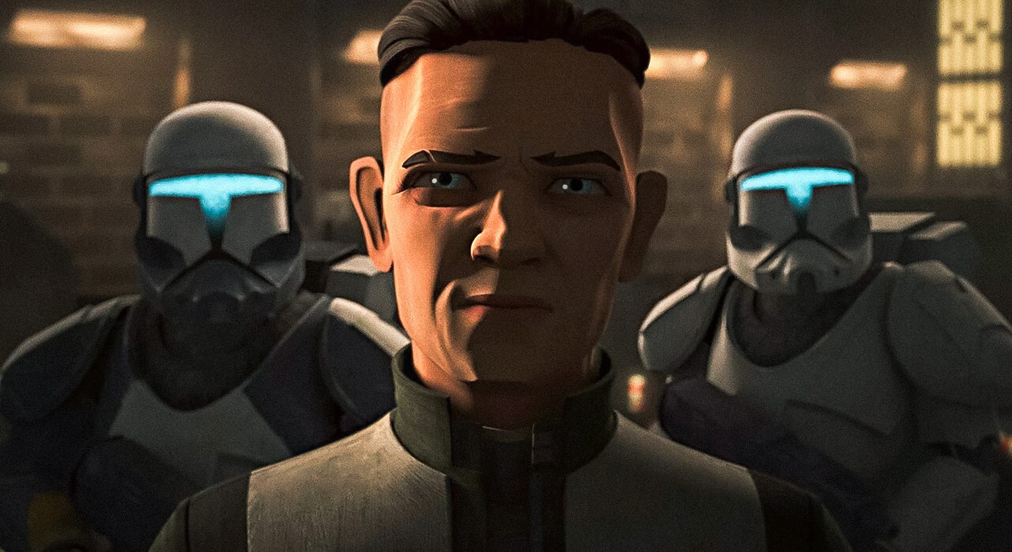 Royce Hemlock in The Bad Batch, a white man with cold blue eyes, Black hair and a sinister wry smile on his face. He wears a grey and white tunic and behind him we see two Imperial commandos.