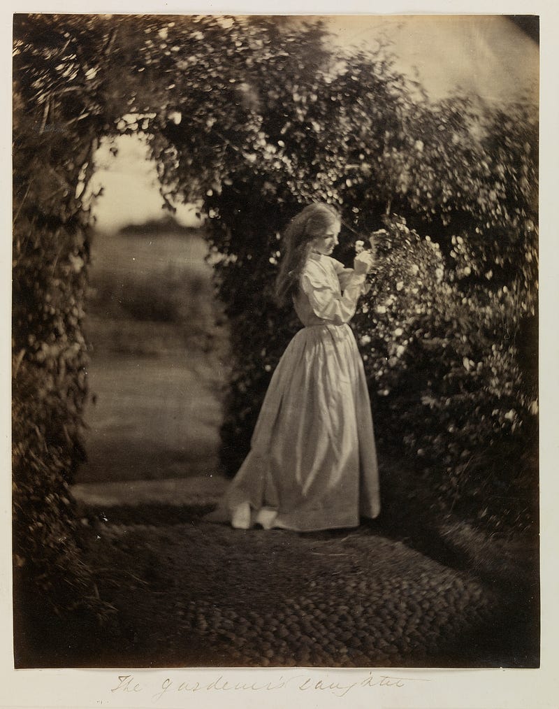 The Gardener’s Daughter, Mary Ryan in 1867 with long hair flowing, turns to a verdant rose bush and picks or prunes the roses. What or who is she thinking of? She is framed in light, both by her clothing, and by the hedge archway letting in a burst on sunlight to the garden.