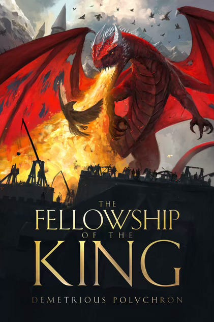 The book cover of Fellowship of the King which has a dragon burning a fortress