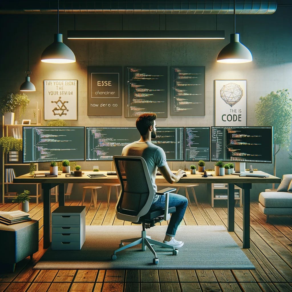 A workspace designed for an optimal developer experience, including a developer working at a large, organized desk. The desk has multiple monitors displaying code and development tools. The developer is a male, casually dressed in a t-shirt and jeans, focusing intently on the screen. The room features ambient lighting, ergonomic furniture like a comfortable chair and a standing desk option, plants for greenery, and motivational posters on the walls related to programming. The setting is modern, clean, and technology-oriented, inspiring productivity.