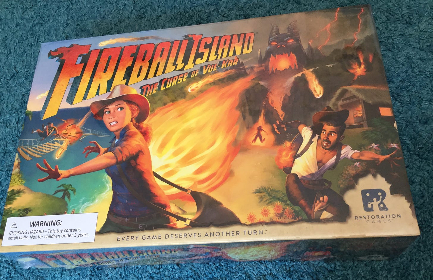The Fireball Island box, with fireballs shooting at various adventurers