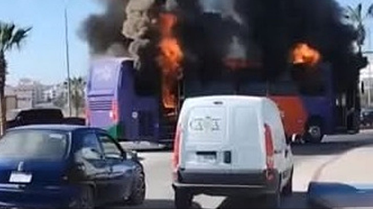 One of three buses set afire in Los Cabos/La Paz Mexico on April 24, 2025
