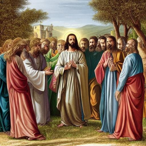 Substack AI-generated image of the resurrected Jesus meeting His disciples.