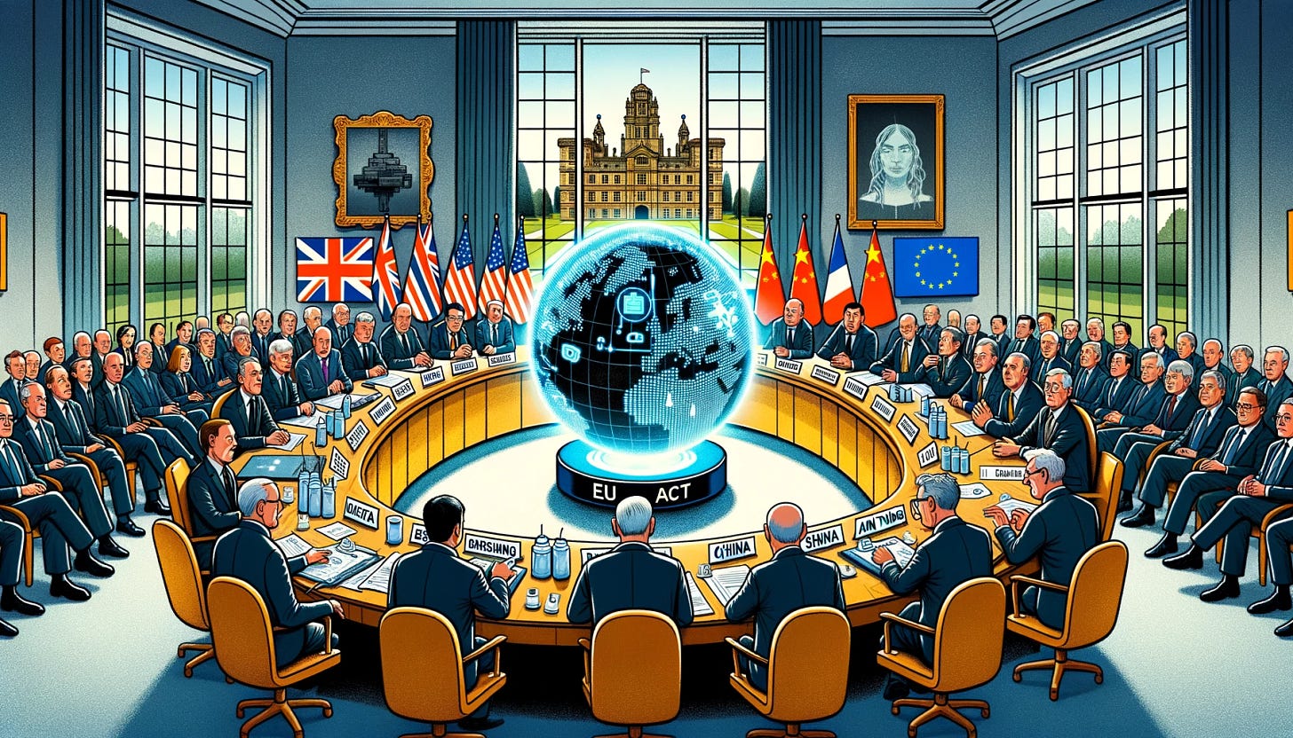 Illustration in cartoon style inspired by The New Yorker. A large conference table with world leaders discussing AI. On the table is a holographic globe with AI symbols. In the background, a window reveals Bletchley Park with an Alan Turing monument. On one side of the room, there's a banner representing the USA with references to Silicon Valley. On the opposite side, a banner representing China with an unknown AI symbol. In the center, an EU banner with paperwork and a large stamp labeled 'AI Act'. The atmosphere is tense and uncertain.