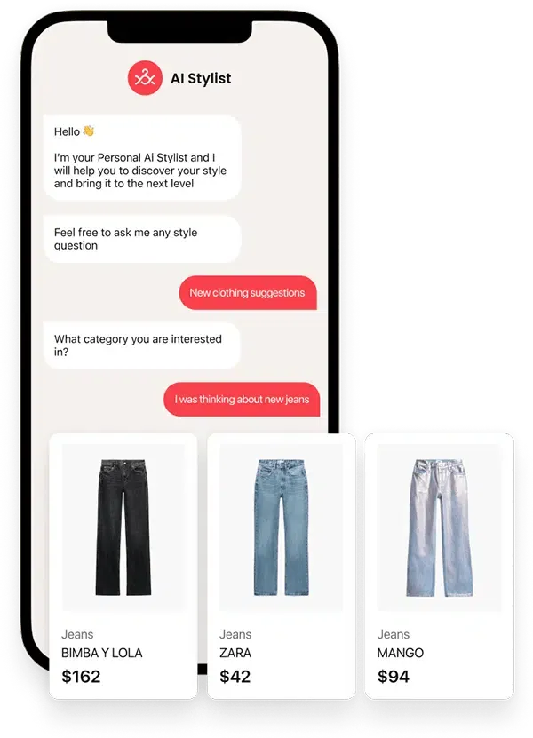 Style DNA mobile app screenshot showing an AI-powered fashion assistant recommending jeans based on user preferences and personalized style profiles Style DNA mobile app screenshot showing an AI-powered fashion assistant recommending jeans based on user preferences and personalized style profiles