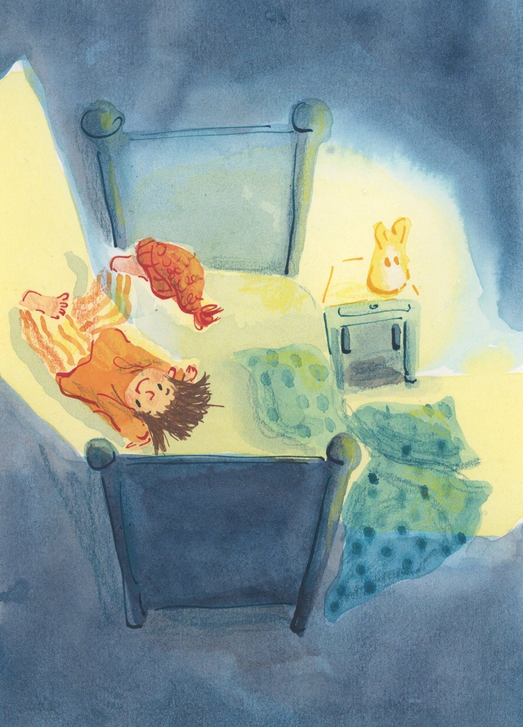 Child in pyjamas doing a headstand on their bed. A nightlight is nearby and a rectangle of yellow light from the doorway falls across the bed. Painterly children's book illustration by Nanette Regan