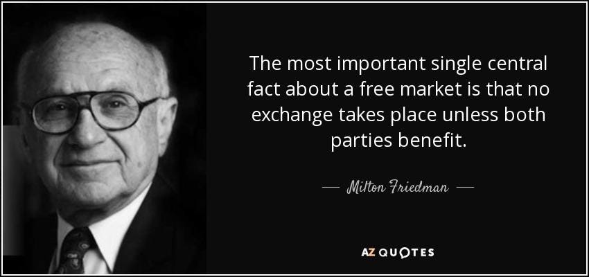Milton Friedman quote: The most important single central fact about a free  market...