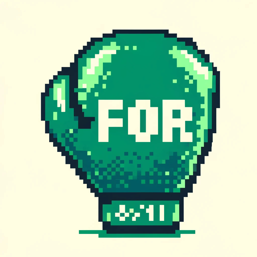 An 8-bit/16-bit image of a boxing glove with the text 'For' written on it. The glove should be green and detailed in a pixelated style, fitting the 8-bit/16-bit theme.