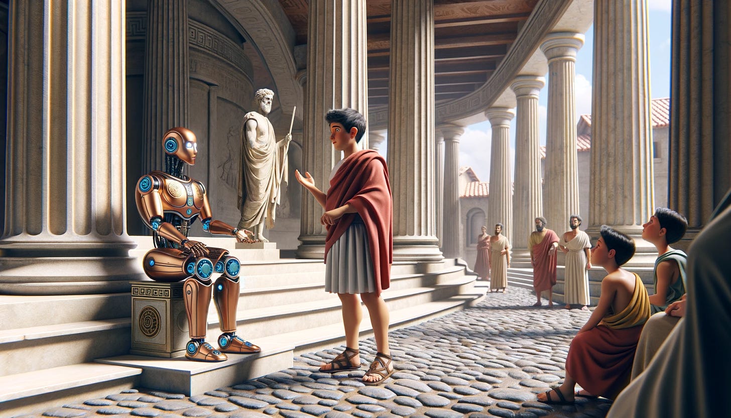 A scene depicting a pupil asking a question to a Greek master in a typical ancient Greek forum. The master is envisioned as a robot, but designed with classical Greek inspirations, blending technology and ancient aesthetics. The setting includes marble columns, a cobbled forum floor, and people in traditional Greek tunics. The pupil appears curious, gesturing towards the robotic master, who stands authoritatively amidst the historical architecture, integrating elements of bronze and classical sculptures in its design.