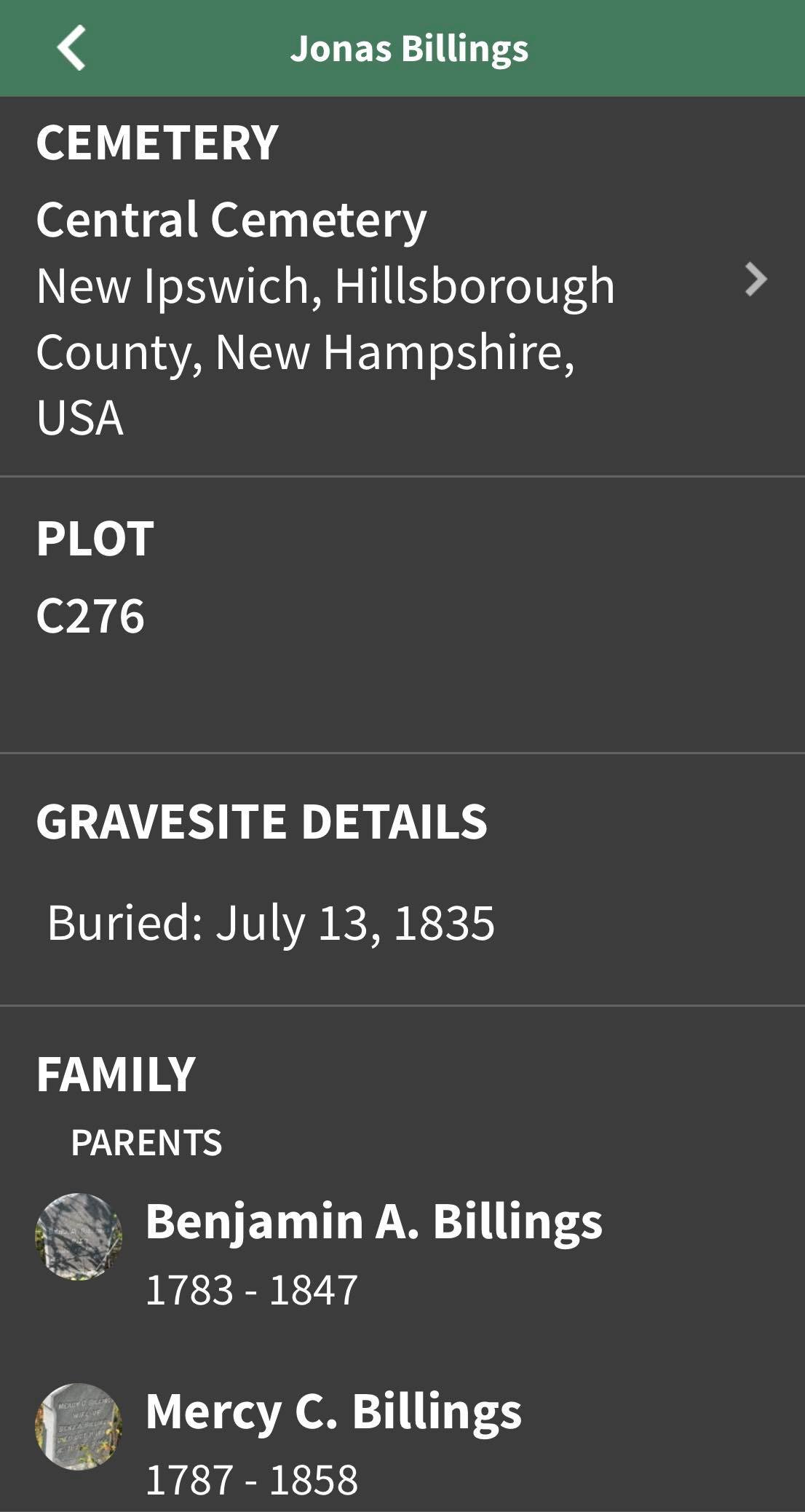 Jonas Billings gravesite details