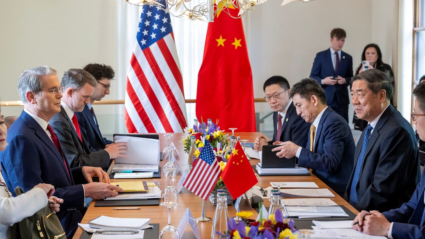 U.S. Secretary of the Treasury Scott Bessent, U.S. Trade Representative Jamieson Greer, China's International Trade Representative and Vice Minister of Commerce Li Chenggang, and Chinese Vice Premier He Lifeng, prepare to discuss on the day of a bilateral meeting between the U.S. and China, in Geneva, Switzerland, May 10, 2025. KEYSTONE/EDA/Martial Trezzini/Handout via REUTERS    THIS IMAGE HAS BEEN SUPPLIED BY A THIRD PARTY