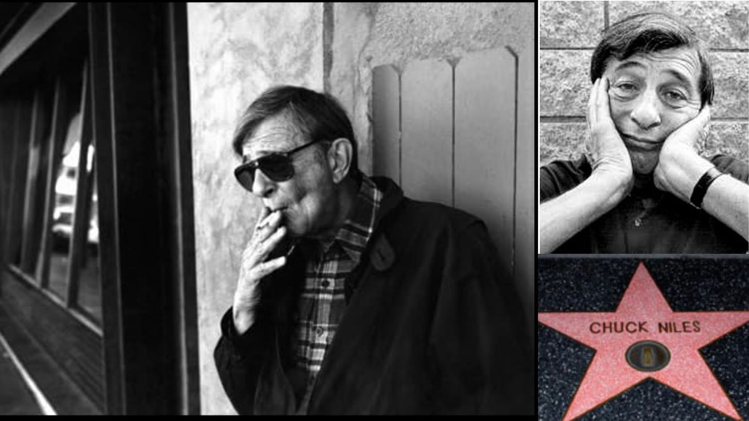 Collage of legendary Jazz DJ Chuck Niles. Smoking and looking extra cool in black and white about about age 70, in his fifties looking handsome in black and white with short brown hair, and the Chuck Niles star on the Hollywood Walk of Fame