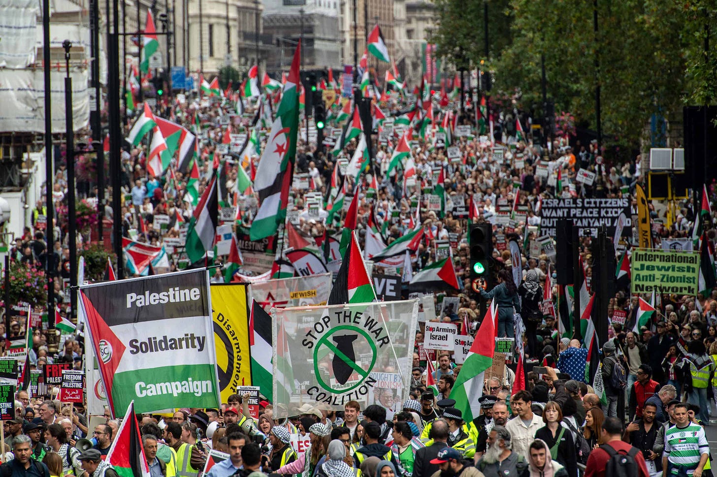 A crowd shot of the London Palestine demo