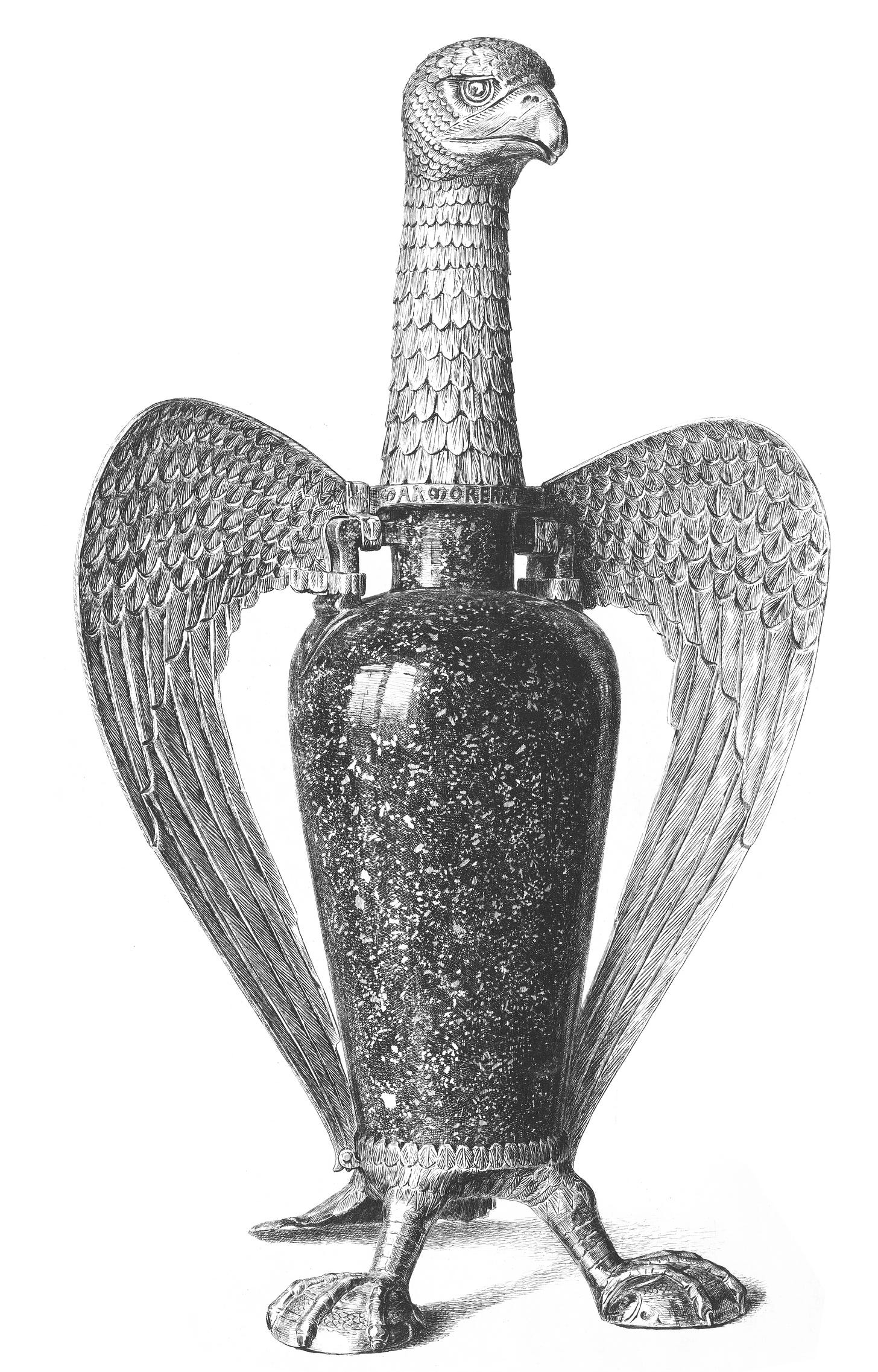 Black and white illustration of a porphyry vase, adorned with eagle head and wings.
