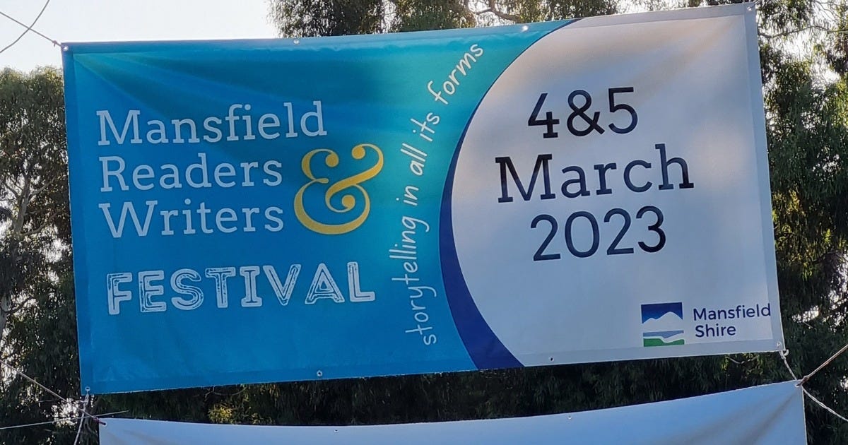 May be an image of outdoors and text that says "forms Mansfield its 4&5 Readers & all March Writers in 2023 FESTIVAL storytelling huots Mansfield Shire"