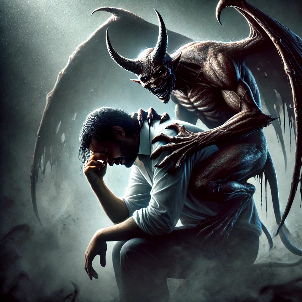 A dark, sinister demon perched on a man's shoulder, its heavy claws pressing down on him, symbolizing guilt and emotional burden. The man's posture is hunched, struggling under the weight, while the demon whispers into his ear with a menacing grin. The background is a mix of shadowy mist and faint, eerie light, emphasizing the oppressive atmosphere. The art style is dramatic and semi-realistic with a dark fantasy tone.