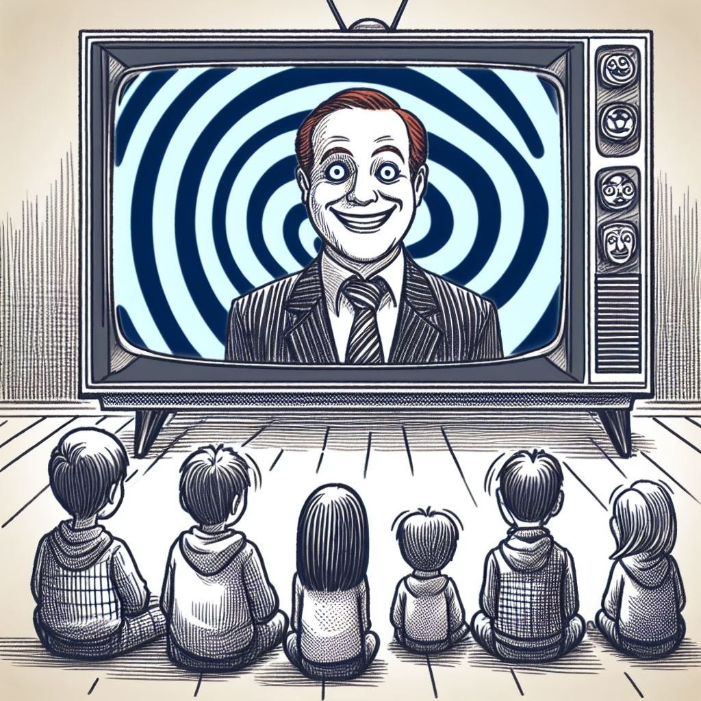 A youth culture, with values and beliefs brought to you by your favorite tell-lie-vision programming! Hypnotized children watch an evil clown on television.