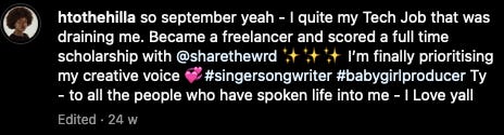 instagram caption post, sharing about my scholarship and leaving a 9-5 to create a music career