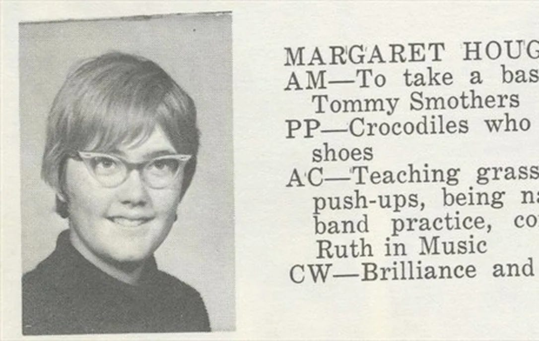 Margaret Houghton's yearbook entry at Westdale High School 1969, Grade 12. The well-known promoter of local history has died at the age of 66.