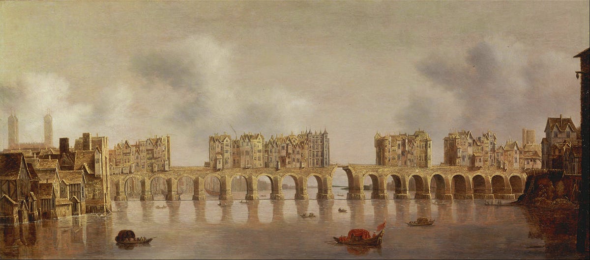 A painting of a bridge across a river with buildings on the bridge