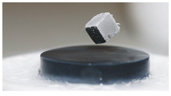 A cube of magnetic material levitates above a superconductor. The field of the magnet induces currents in the superconductor that generate an equal and opposite field, exactly balancing the gravitational force on the cube. 