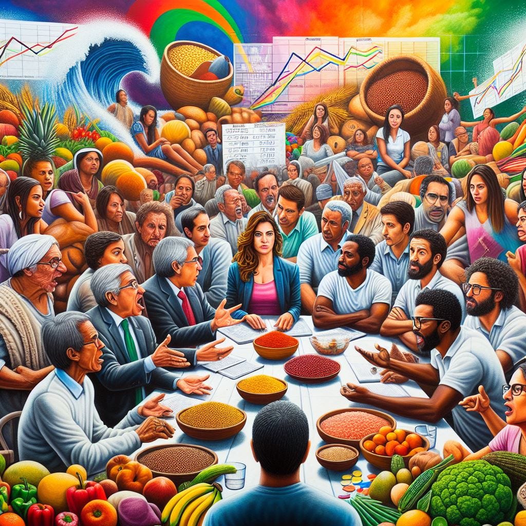 Thumbnail Image Uma representação artística do debate sobre inflação no Brasil, com foco nos preços de gêneros alimentícios e as medidas para combatê-la.