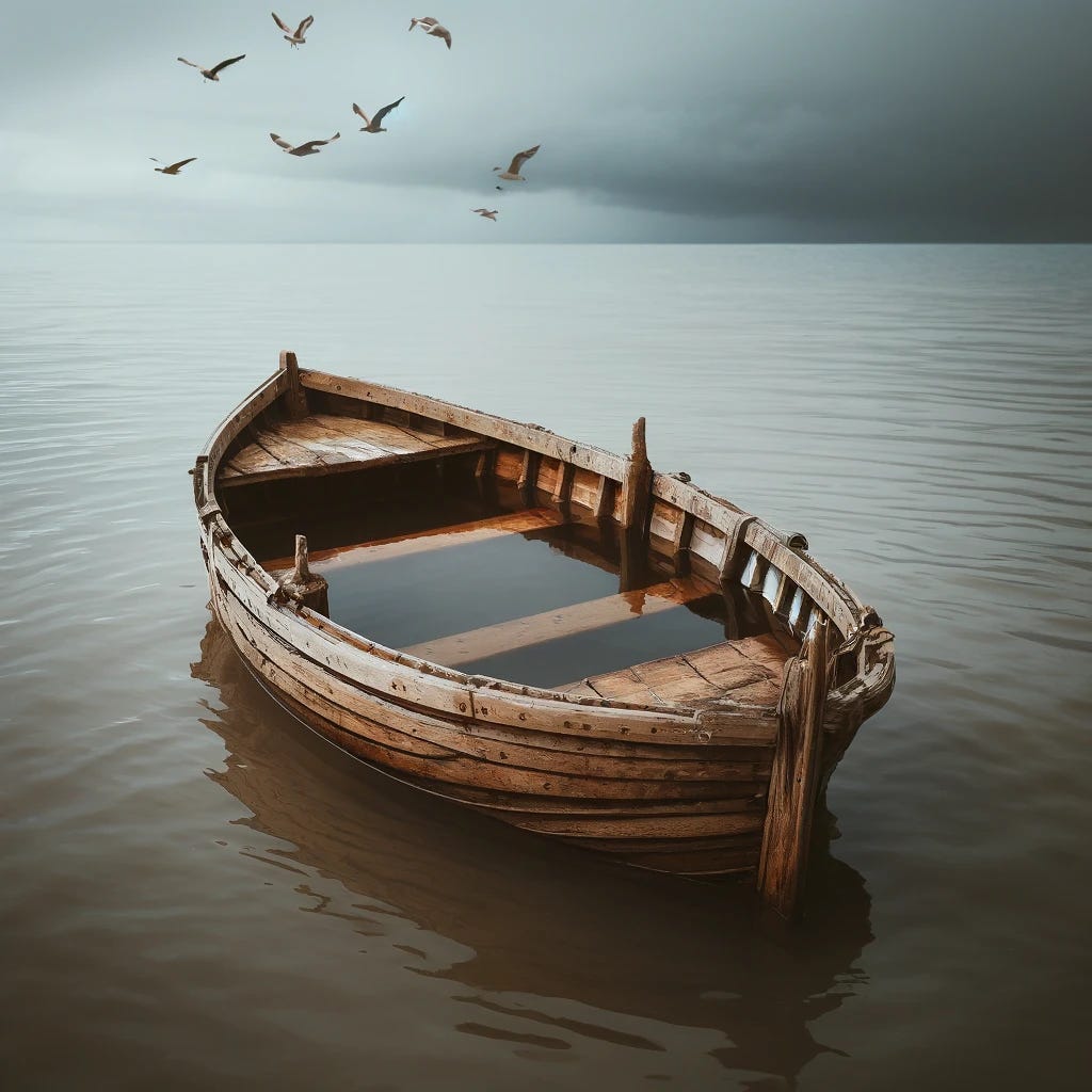 A small, old wooden boat in a calm sea, with water visibly leaking through several cracks in the hull. The boat is partially submerged, with some water inside the boat. The sky is overcast, hinting at a coming storm, and seagulls are flying overhead. The scene looks somewhat dire, emphasizing the struggle of the boat against the inevitable sinking.