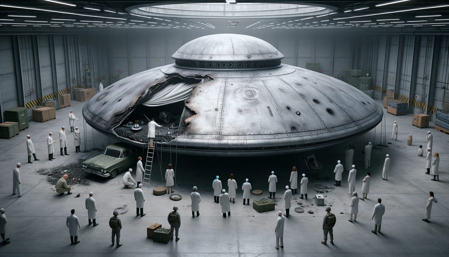 Photo-realistic image of a secret facility where a large, silver UFO sits on the concrete floor. The UFO has visible dents, scratches, and burn marks from the crash. Diverse male and female scientists are touching the UFO's surface, studying its texture, while another scientist uses a ladder to peek inside an open door. Military guards, equipped with helmets and firearms, are positioned around the UFO, ensuring no unauthorized access. A tarp partially covers one side of the UFO, hinting at more damage underneath.
