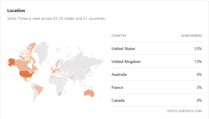 Johto Times has readers in 43 US states and 51 countries worldwide