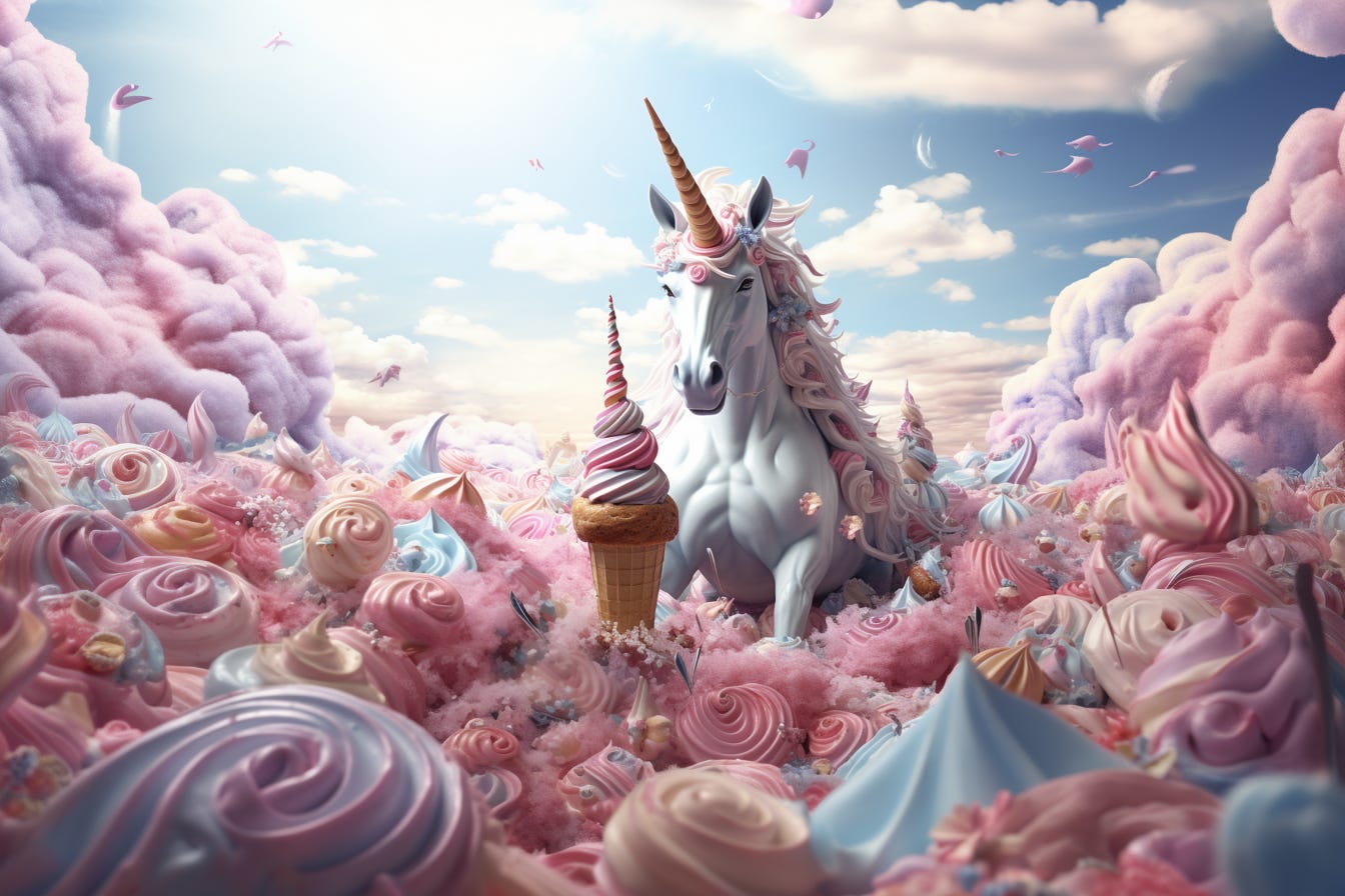 Midjourney result for "Unicorn surrounded by ice cream" at 1.5x Zoom Out level