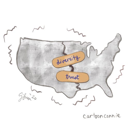 Diversity Plus Trust Equals Unity Illustration of united states map with two bandages over a large gashing wound, captioned "diversity plus trust equals unity." Cartoon drawing by Connie Sun, cartoonconnie