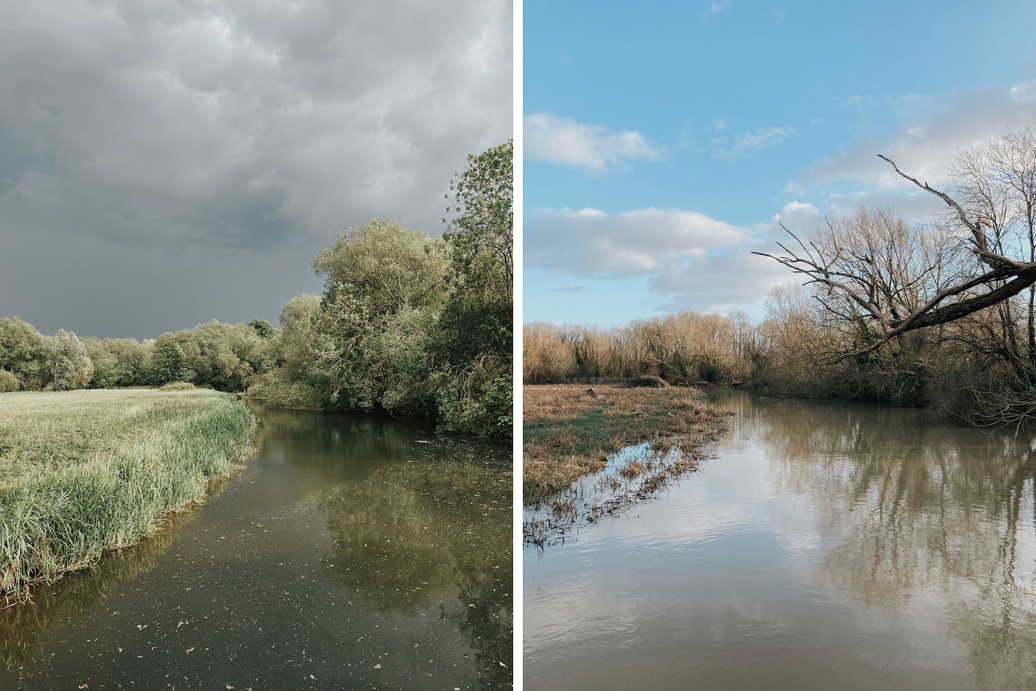 Two views of a river, with dramatic cloudy sky and scattered clouds on a blue sky