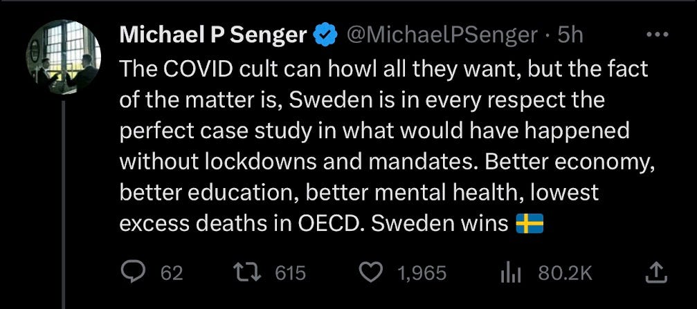 Michael P. Senger tweet: "COVID cult can howl all they want...Sweden in every respect the perfect case study in what would have happened wthout lockdowns and mandates. Sweden wins."