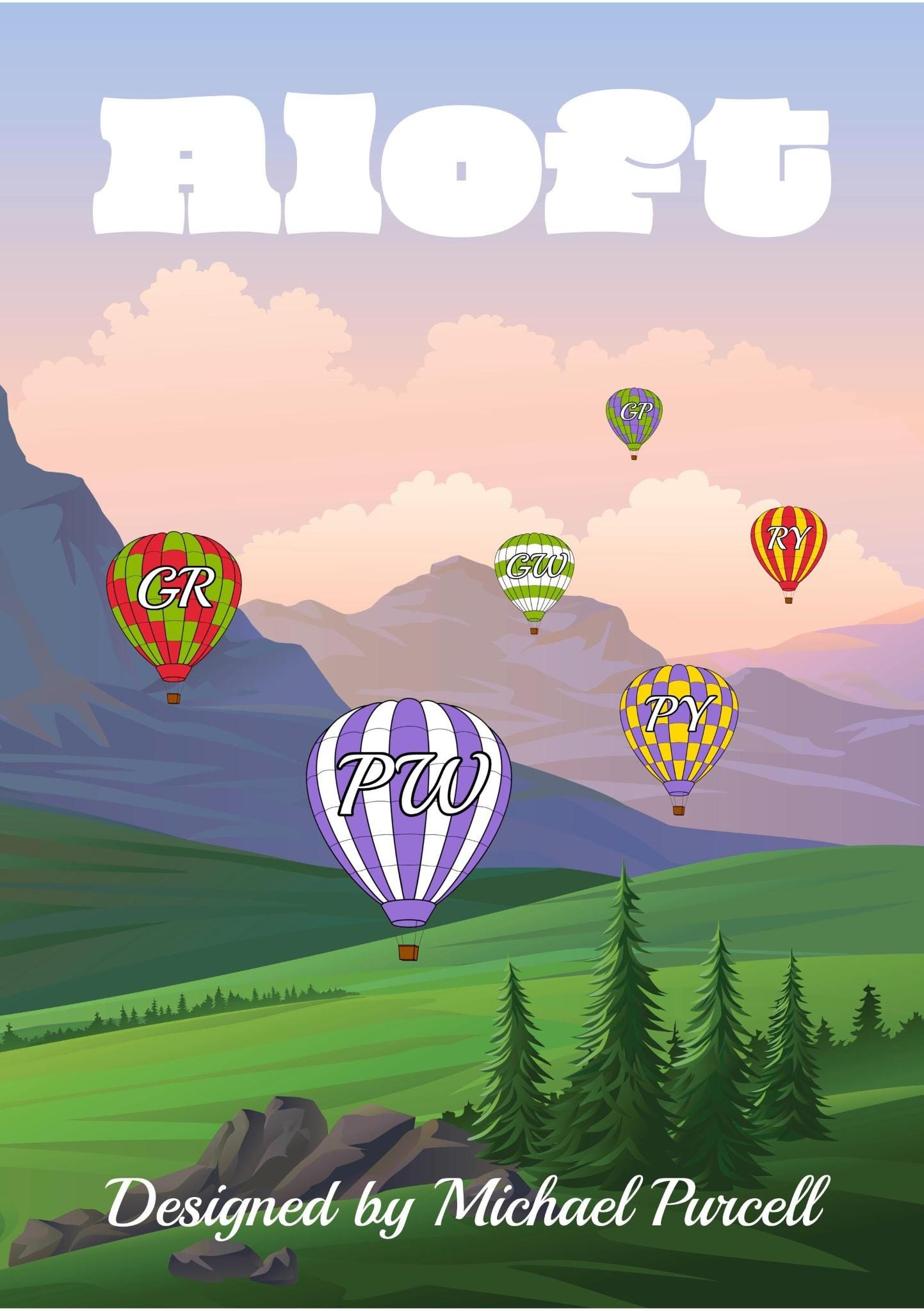 Promo image for the game Aloft, of balloons floating over a mountain landscape. Copyright Michael Purcell, 2023.
