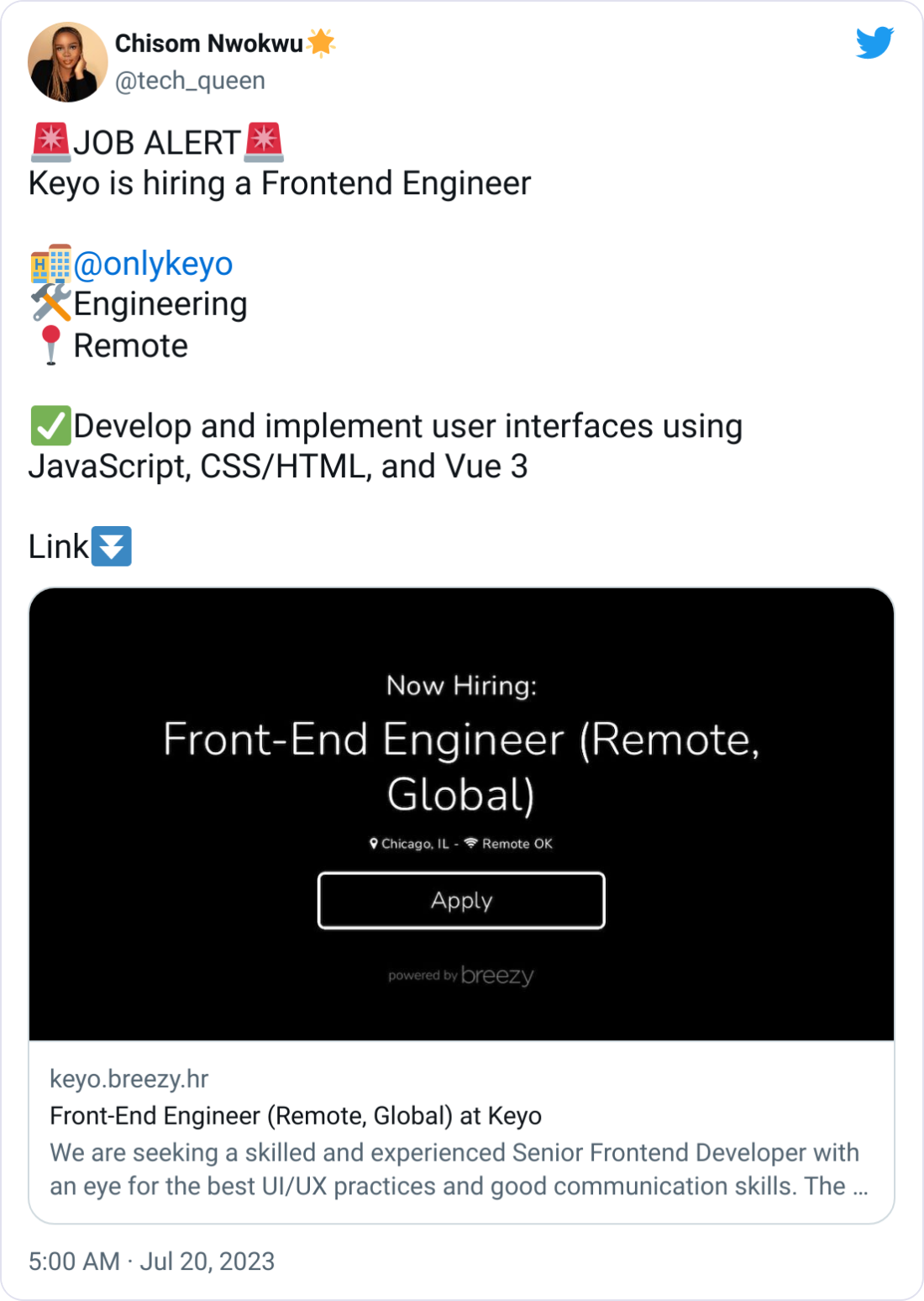 Chisom Nwokwu🌟 @tech_queen 🚨JOB ALERT🚨 Keyo is hiring a Frontend Engineer  🏨 @onlykeyo  🛠️Engineering 📍Remote  ✅Develop and implement user interfaces using JavaScript, CSS/HTML, and Vue 3