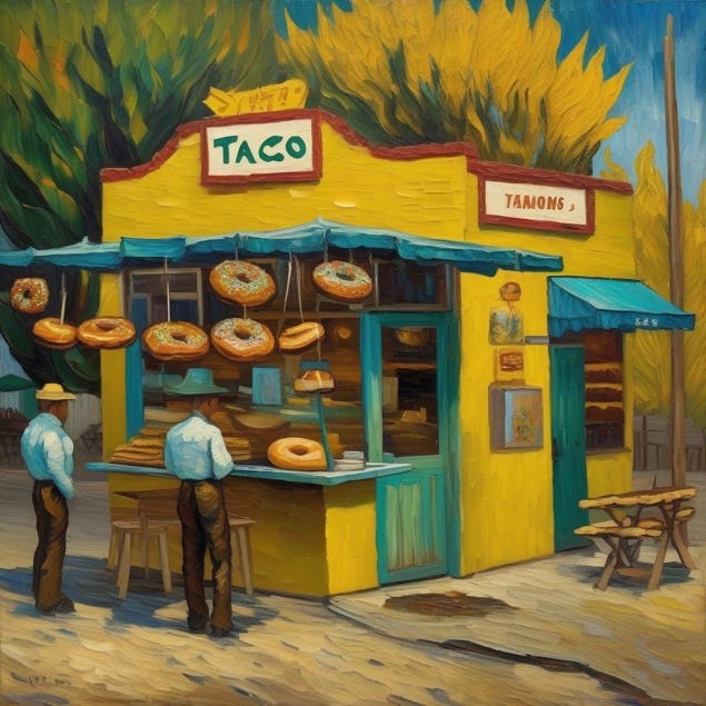 A painting of a taco stand

Description automatically generated
