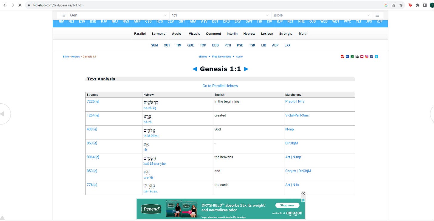 screenshot of the intralinear bible homepage for Genesis 1:1