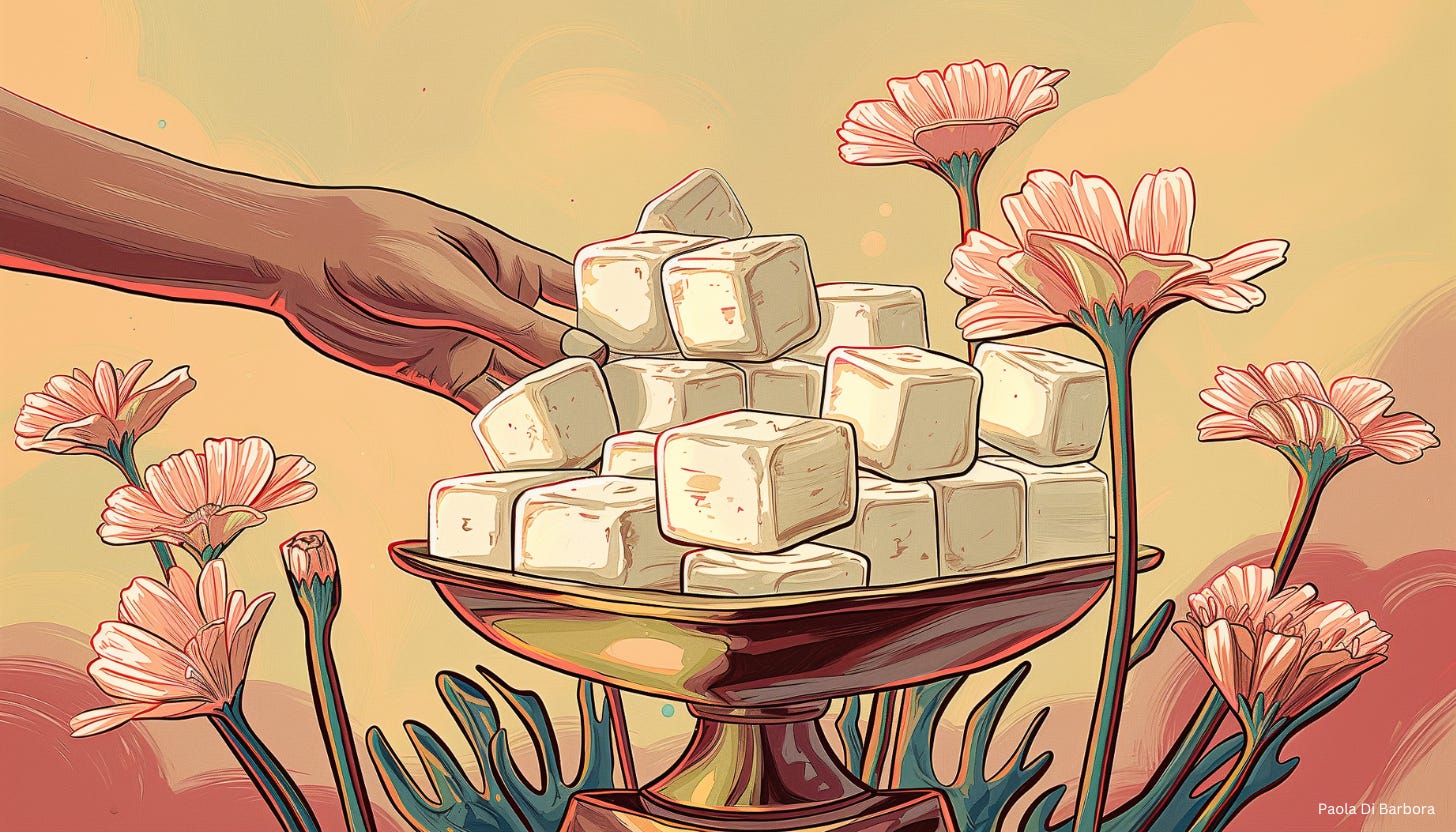 Hand reaching for tofu displayed on a silver platter surrounded by flowers.