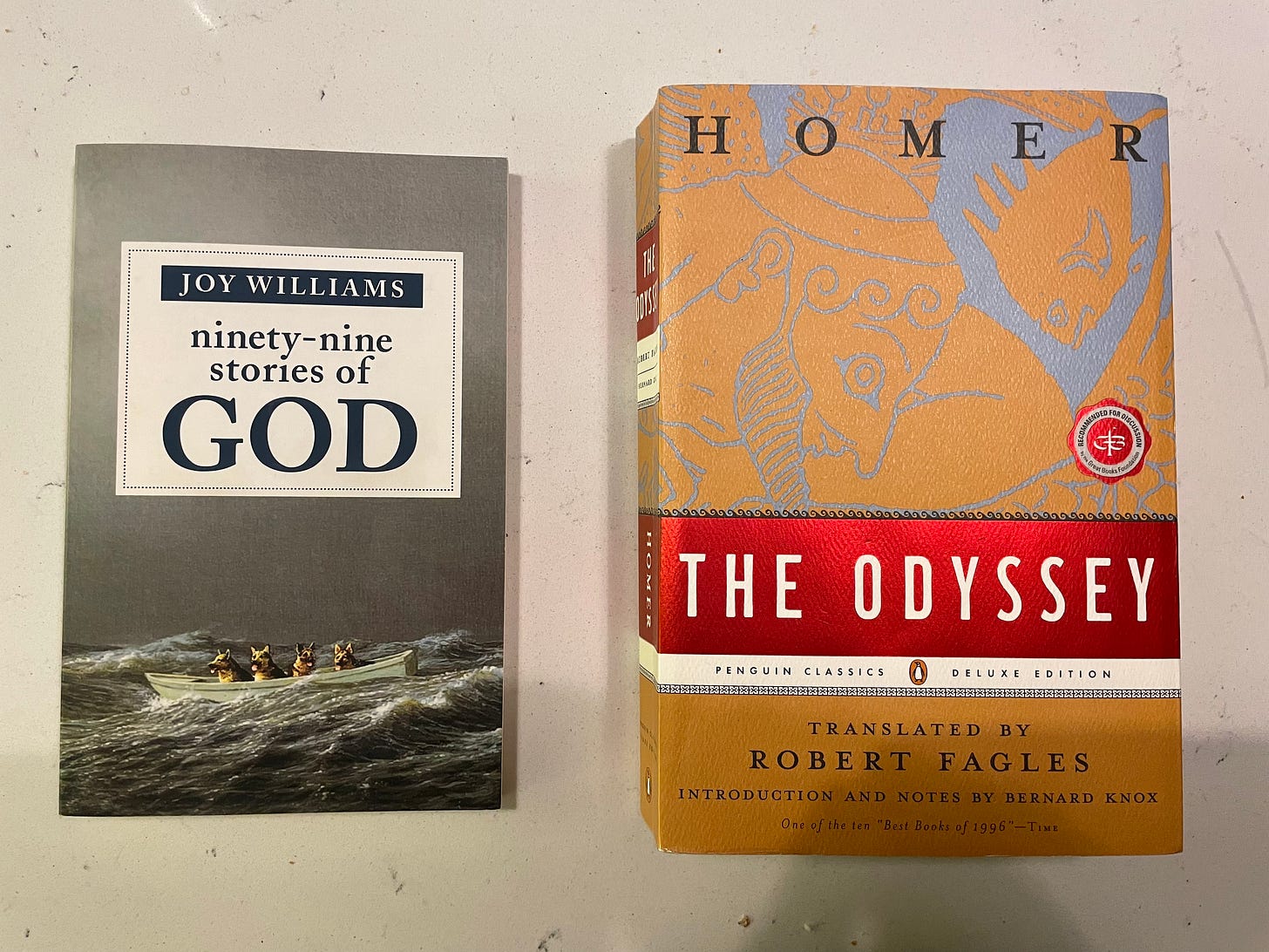 99 Stories of God by Joy Williams and The Odyssey by Homer translated by Robert Fagles
