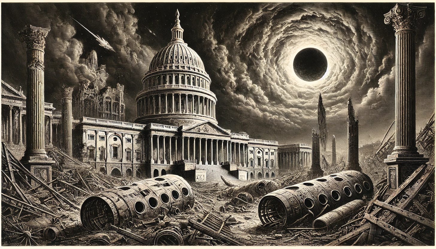 A detailed landscape etching in the style of Giovanni Battista Piranesi, depicting a far-future Capitol building in Washington, D.C., surrounded by the decaying hulks of rocket ships, half embedded in the ground. The architecture of the Capitol is enhanced with futuristic yet ruined elements, while the scene is under a stormy, ominous sky. A dark planet glowing with an eerie light looms prominently above, casting an otherworldly radiance across the desolate scene. The etching is rich in texture, shadow, and fine detail, reminiscent of Piranesi's classic works.