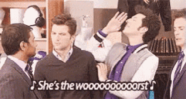 A gif from Parks and Recreation in which Jean-Ralphio says "She's the wooorst"