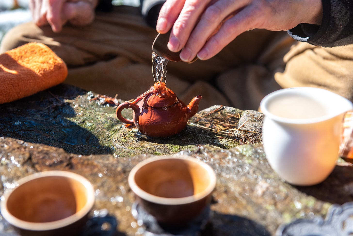 ID: Pouring water over a small clay teapot on a mossy rock