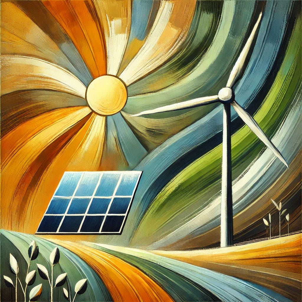 An abstract painting symbolizing renewable energy, focusing on a stylized solar panel and wind turbine. The solar panel is a bold, geometric square with radiant yellow and orange tones, while the wind turbine is represented by sweeping, curved blades in white and gray. The background consists of harmonious shades of green, blue, brown, and black, symbolizing natural elements like the earth and sky. Brushstrokes are visible, adding texture and dynamism to the image, with a flat, decorative, two-dimensional aesthetic. The scene evokes feelings of hope, growth, and sustainability.