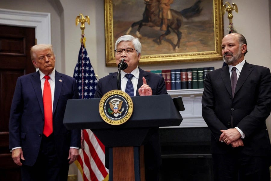 C.C. Wei, Chairman and CEO of Taiwan Semiconductor Manufacturing Company (TSMC), speaks next to U.S. President Donald Trump and Commerce Secretary Howard Lutnick, as they make an announcement about an investment from TSMC.