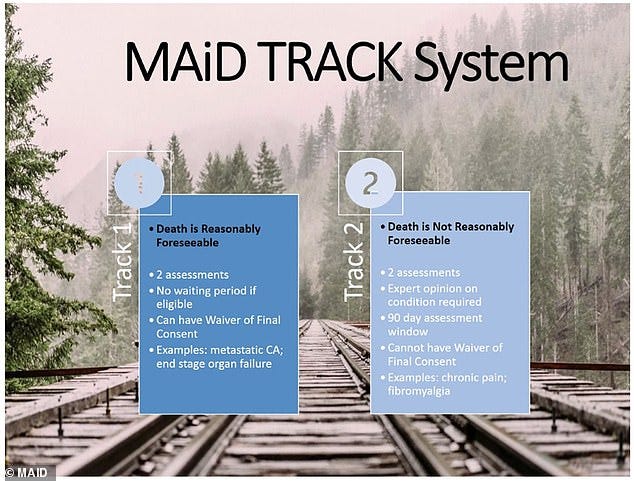 Canada's healthcare system offers the service even to people whose death is 'not reasonably foreseeable'. Pictured: The two track system allegedly used by Fraser, as noted in the slideshow