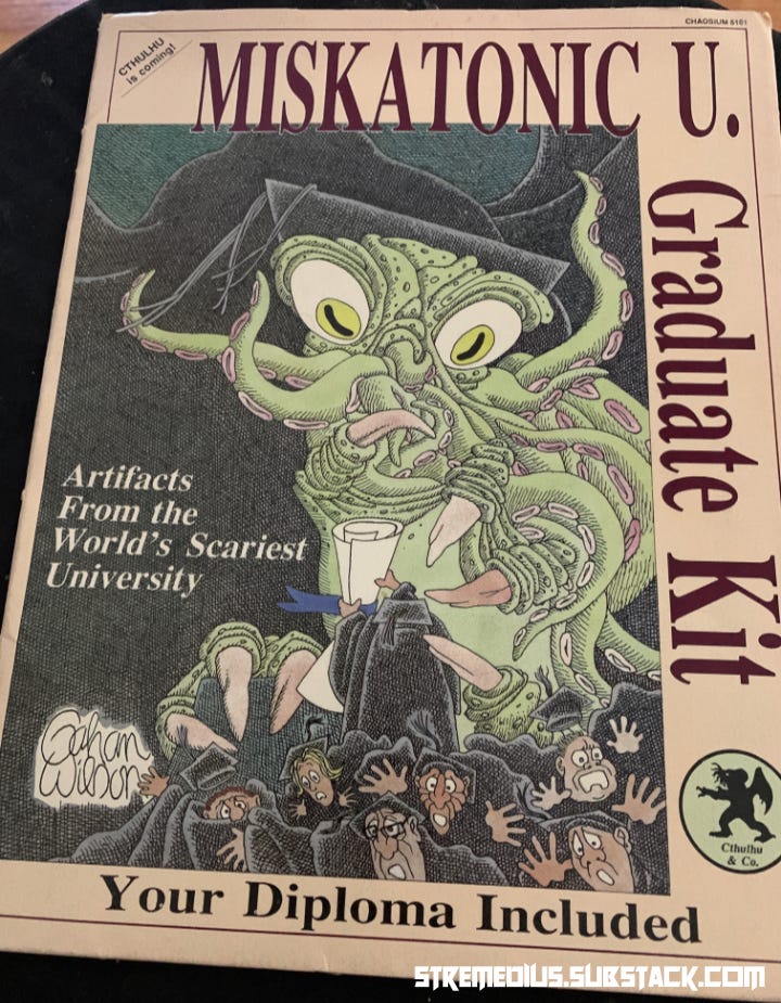 1987’s Miskatonic University Graduate Kit from Chaosium, including a diploma and other goodies, with artwork by the great Gahan Wilson