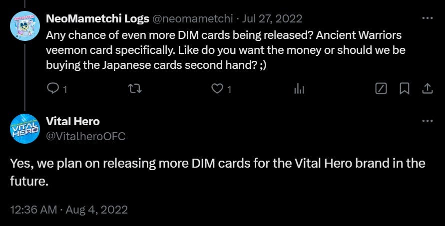 The Vital Hero Twitter account responding to someone asking about the Veemon DIM Card by saying more DIM Cards are on the way